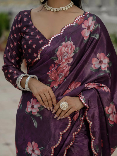 Designer Heavy Chinnon Saree - Ready to Wear Floral Print with Mirror Lace for Women