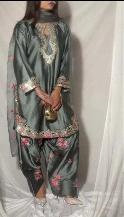 Designer Heavy Japan Satin Farshi Salwar Suit - Elegant Embroidery for Women's Party Wear