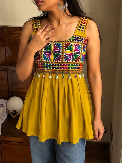Designer Heavy Rayon Festive Top - Gamthi Embroidery with Real Mirror Work for Women