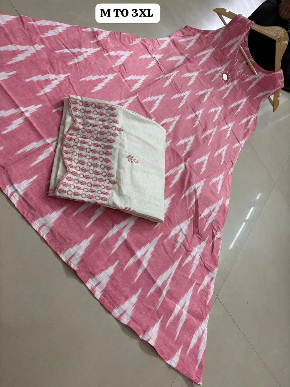 Pink ikat cotton sleeveless aline kurti and embroidered plazo pant set