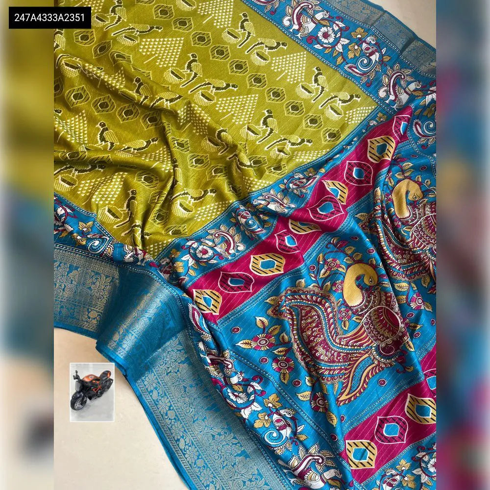 TRENDBUY Designer Ikkat Dola Silk Saree in Olive Green and Teal
