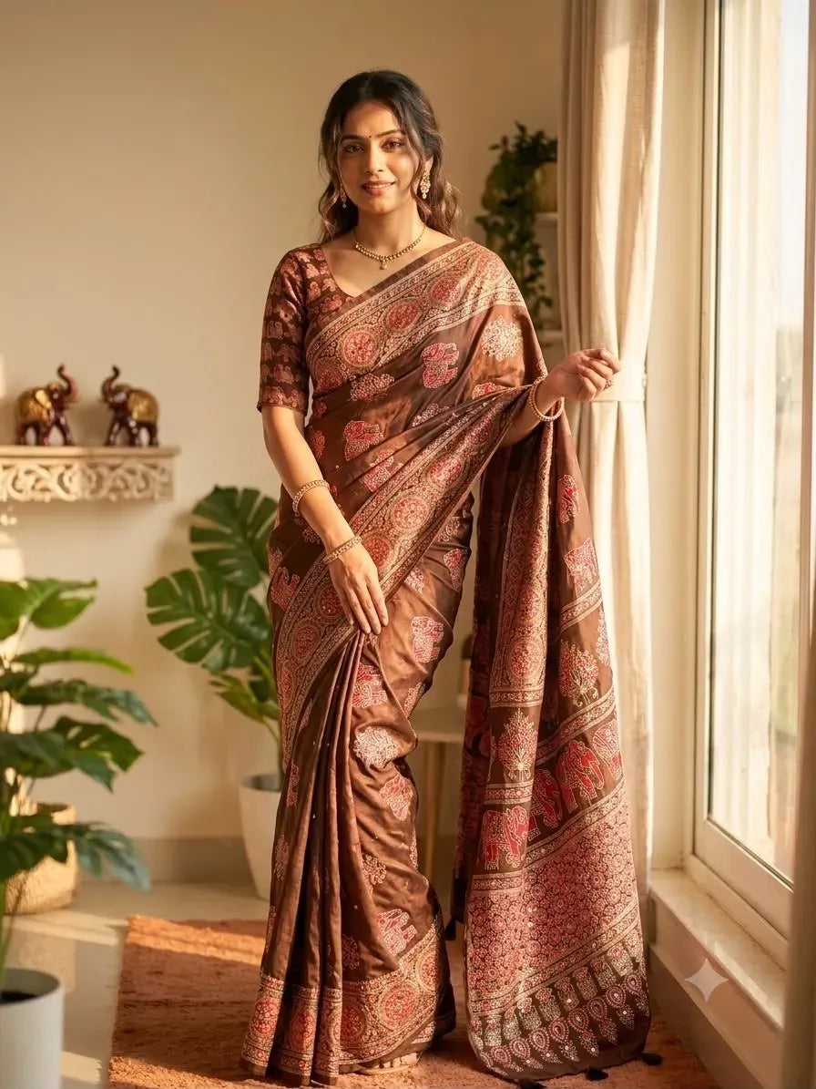 Model standing wearing brown ajrakh print japan satin saree near window