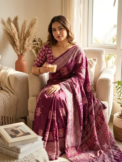 Designer Japan Satin Saree - Traditional Ajrakh Print for Festive Wear