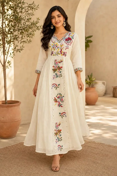 Designer Kora Cotton Maxi Gown - Festive Embroidered Wear for Women