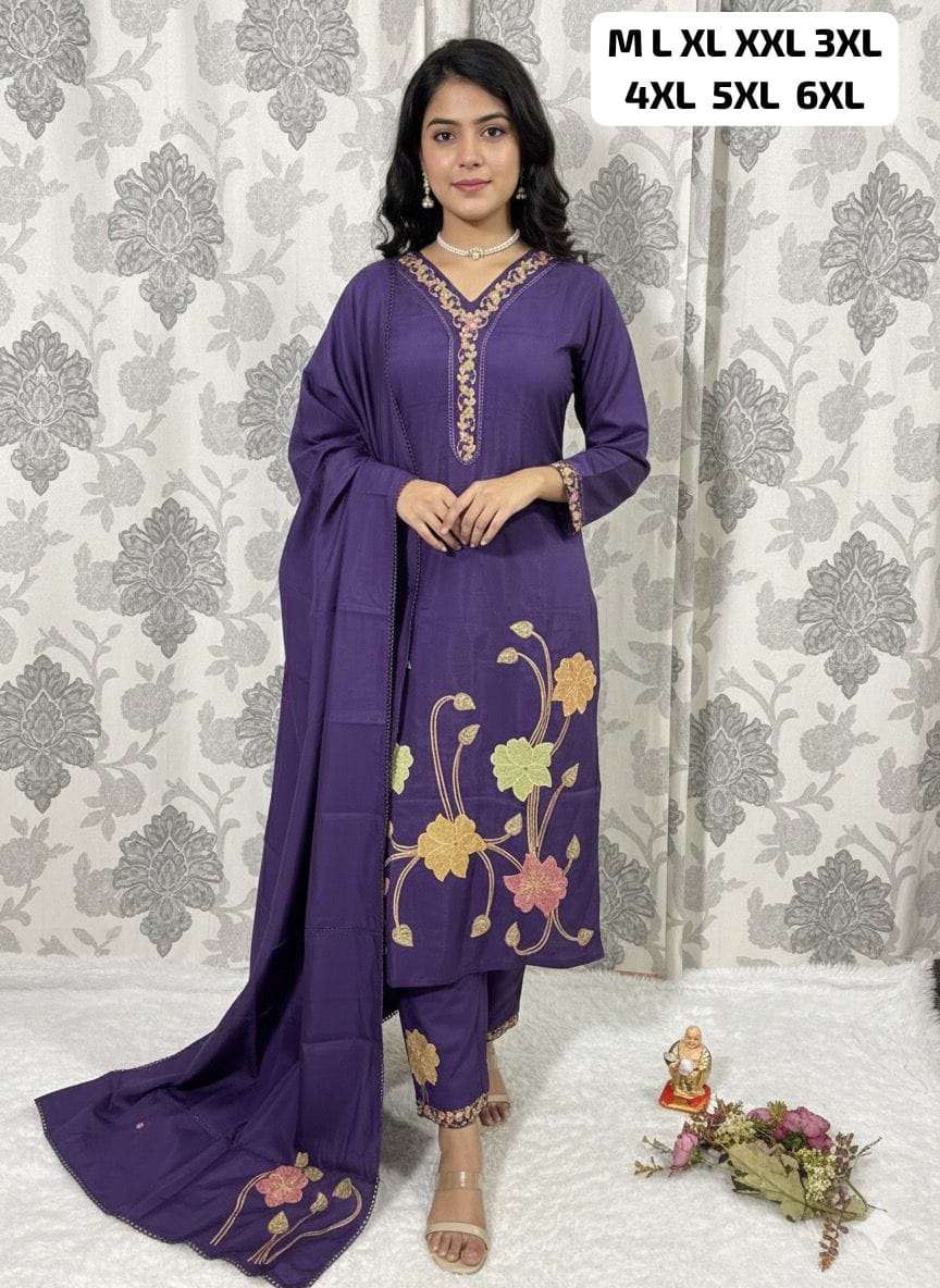 Woman in purple designer kurti pant dupatta set with vibrant floral handwork, front view by TRENDBUY.