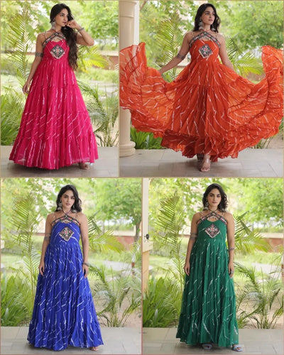Designer Laheriya Print Gown - Heavy Flair Festive Wear for Women