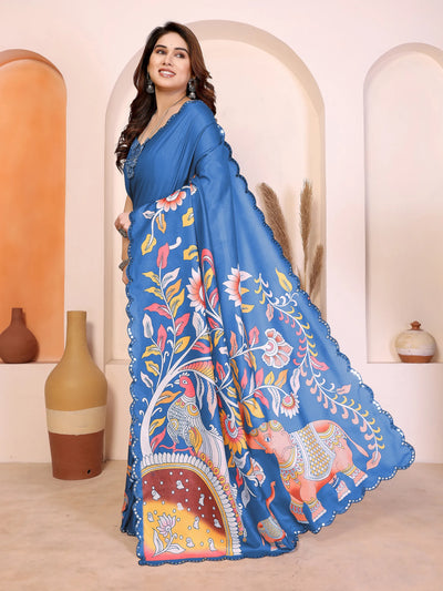 Designer Manipuri Kalamkari Saree - Stunning Blue Digital Print for Women