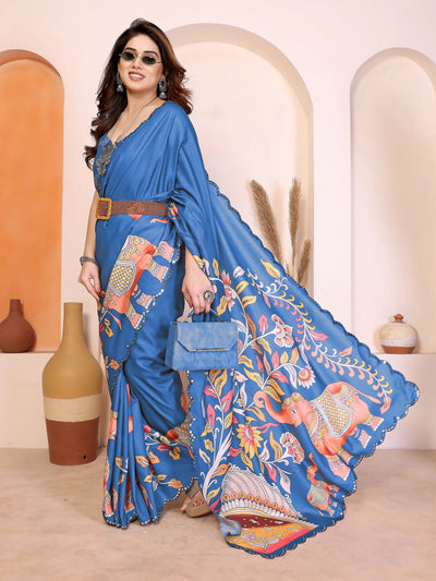 Designer Manipuri Kalamkari Saree - Stunning Blue Digital Print for Women