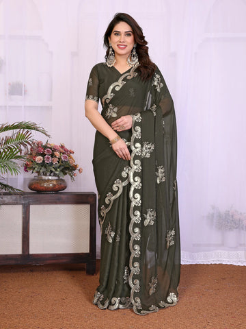 Designer Mehendi Georgette Saree - Embroidered for Women