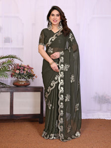 Designer Mehendi Georgette Saree - Embroidered for Women