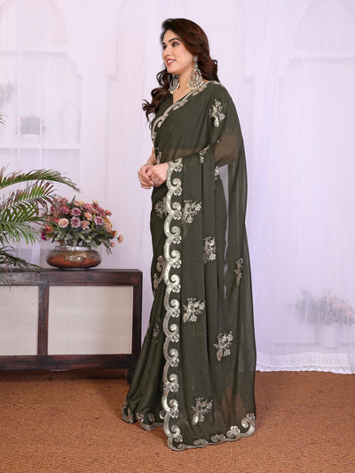 Designer Mehendi Georgette Saree - Embroidered for Women
