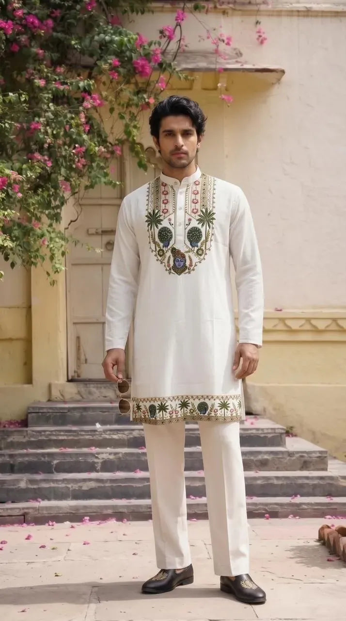 Model wearing white designer kurta with digital print and embroidery