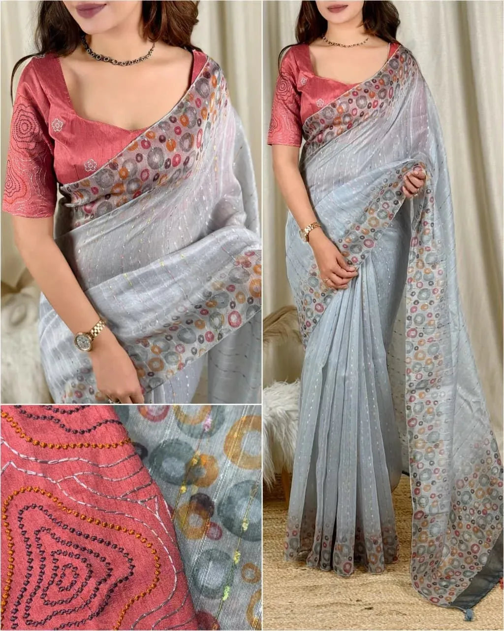 Model wearing grey digital print modal cotton saree with pink embroidered blouse