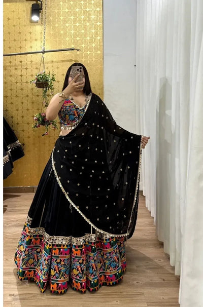 Designer Navratri Lehenga - Premium French Crape Silk with Real Mirror Work
