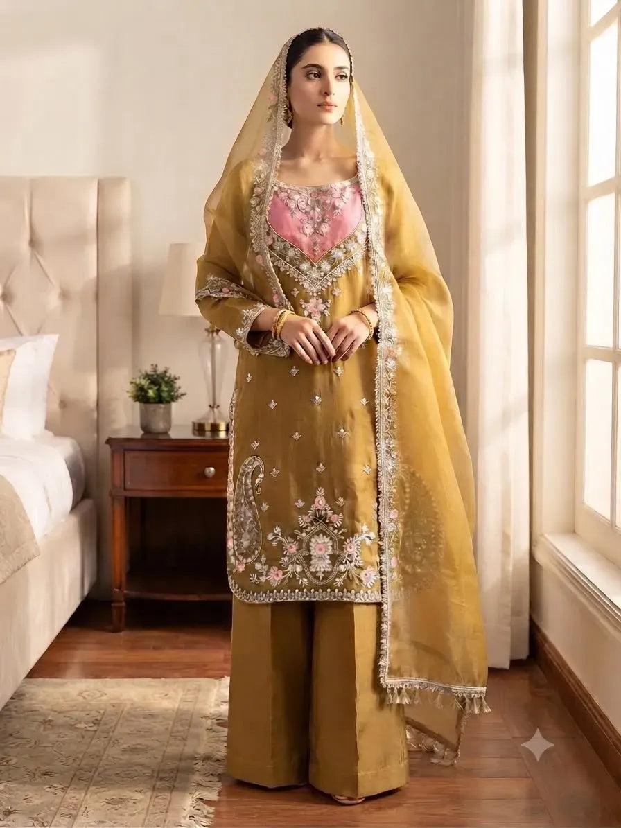 Model posing in olive green embroidered suit set near window