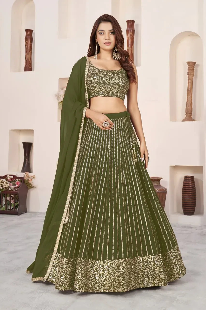 Front view of model wearing olive green sequin lehenga choli with dupatta