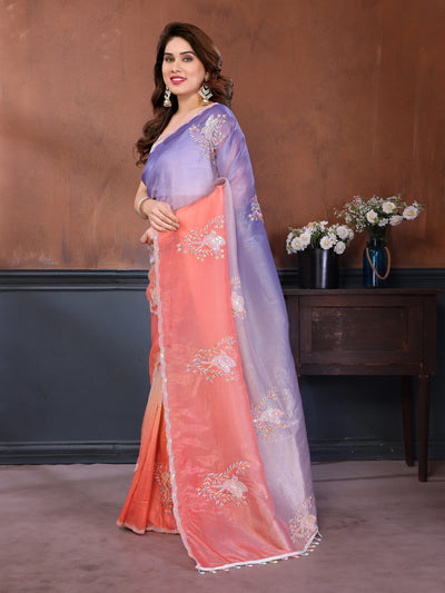 Designer Ombre Organza Saree - Elegant Embroidery for Festive Wear