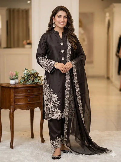Designer Pakistani Crape Silk Suit - Embroidered Set