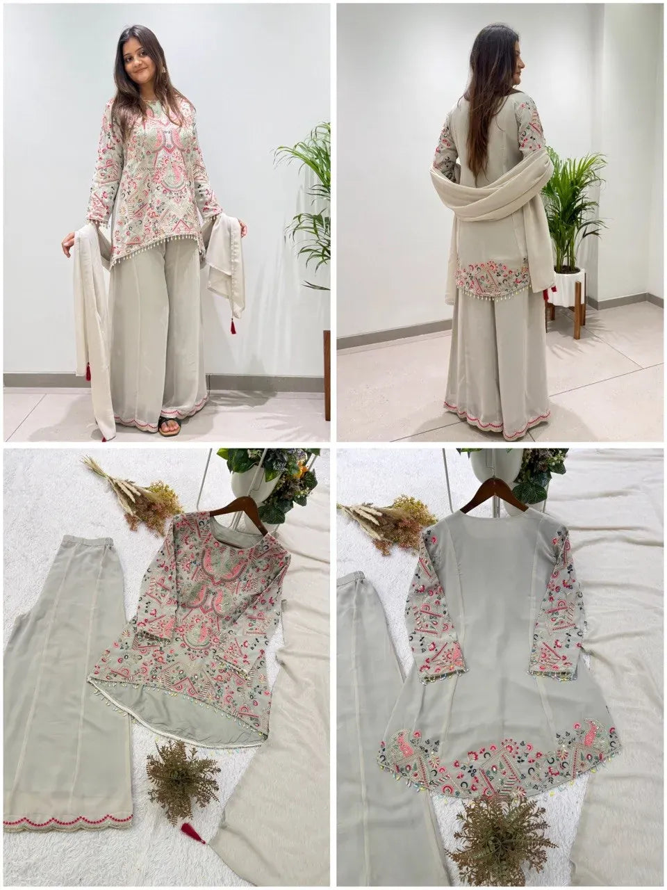 Model wearing grey georgette top and palazzo set with dupatta front view