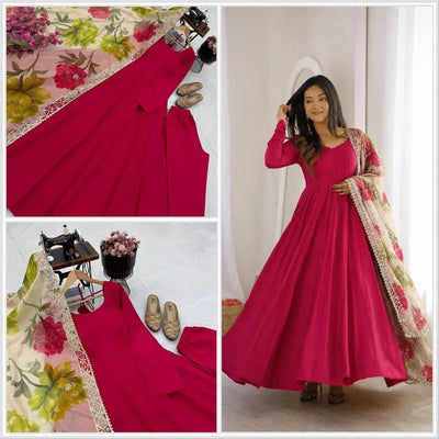 Designer Party Wear Gown - Stunning Chanderi Silk Set with Floral Dupatta