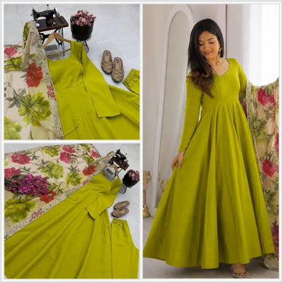 Designer Party Wear Gown - Stunning Chanderi Silk Set with Floral Dupatta