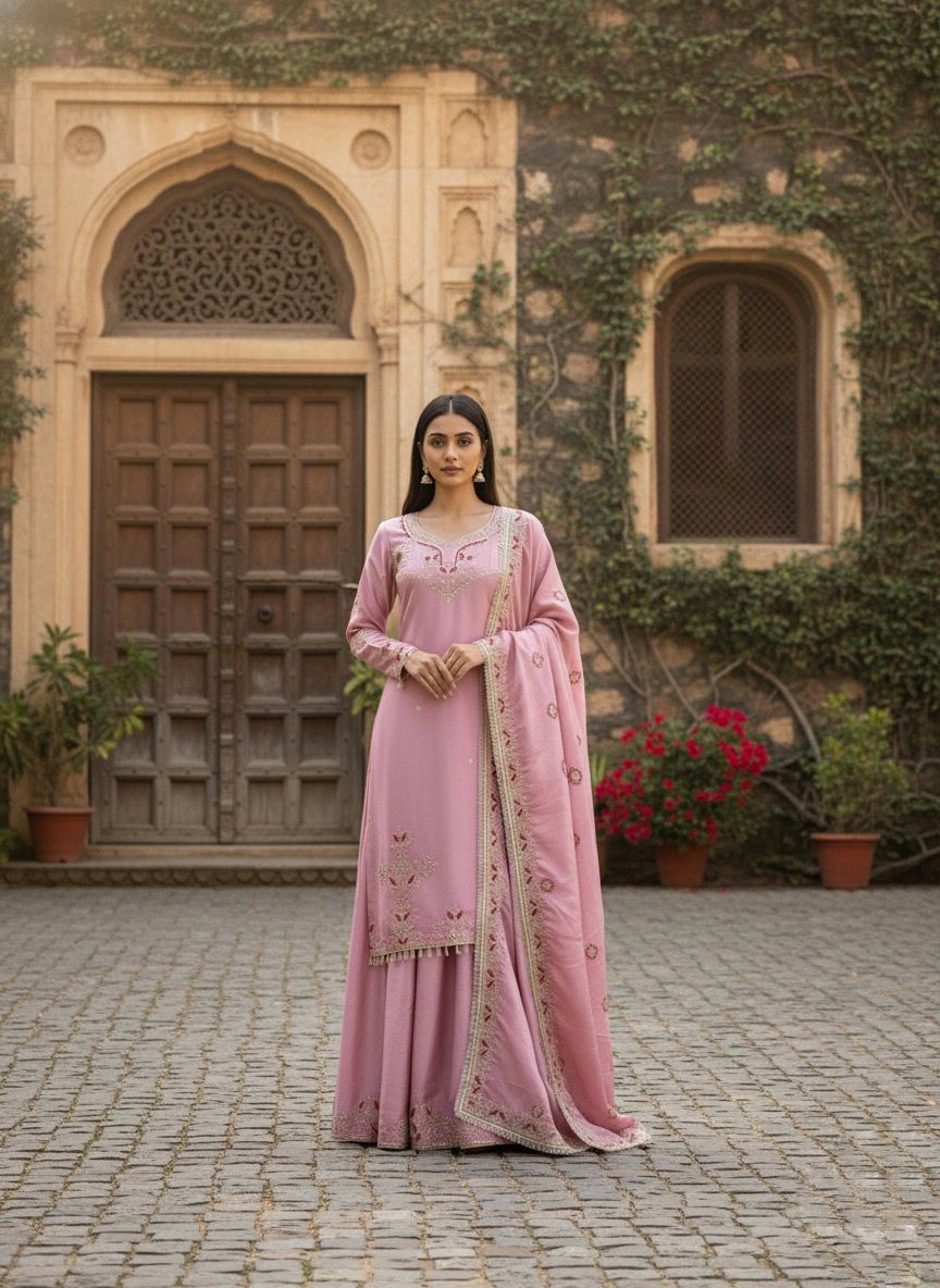 Woman in Dusty Pink embroidered chinnon plazzo suit set standing outdoors