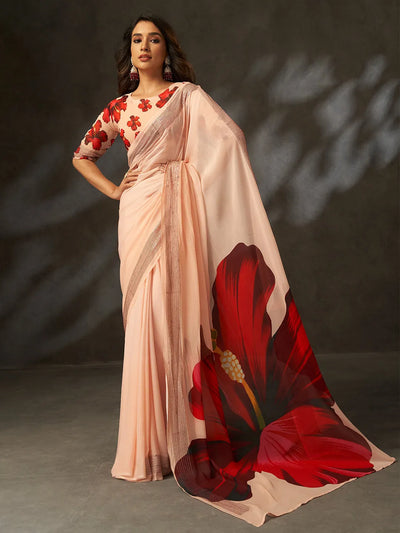 Designer Peach Georgette Saree - Digital Print Croset Work Party