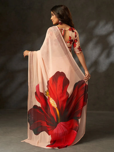 Designer Peach Georgette Saree - Digital Print Croset Work Party