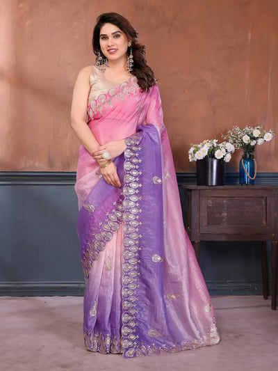 Designer Pink-Lavender Gold Crush Saree - Elegant Embroidery for Festive Wear