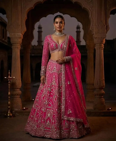 Designer Pink Net Lehenga Choli - Heavy Sequins Work for Wedding & Festive Wear