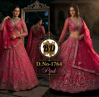 Designer Pink Net Lehenga Choli - Heavy Sequins Work for Wedding & Festive Wear