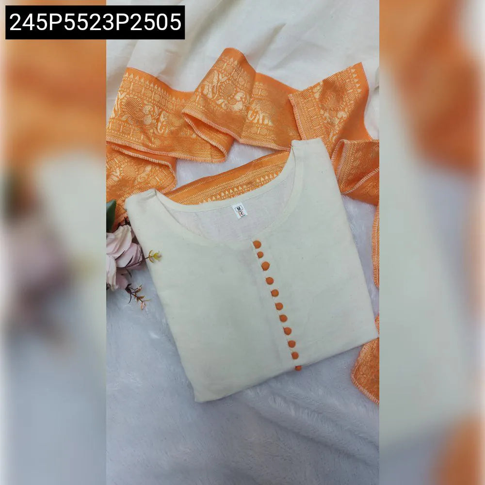 TRENDBUY Heavy Designer Pure Cotton Suit Set, Cream kurta with orange buttons, folded flat lay with patterned orange dupatta.