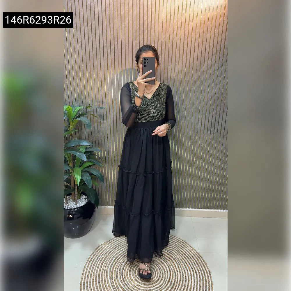 TRENDBUY Designer Premium Frill Gown for Women - Black, Front Facing Model