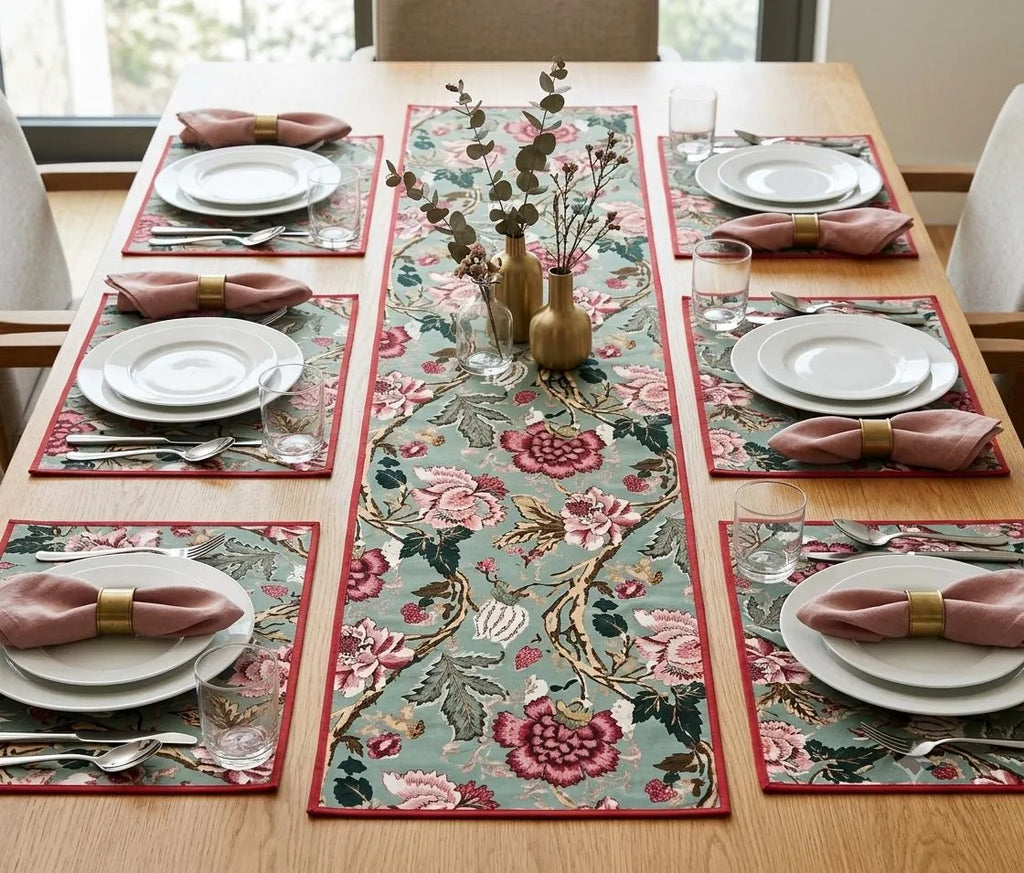 Sage green printed casemat table runner and placemat set with floral pattern
