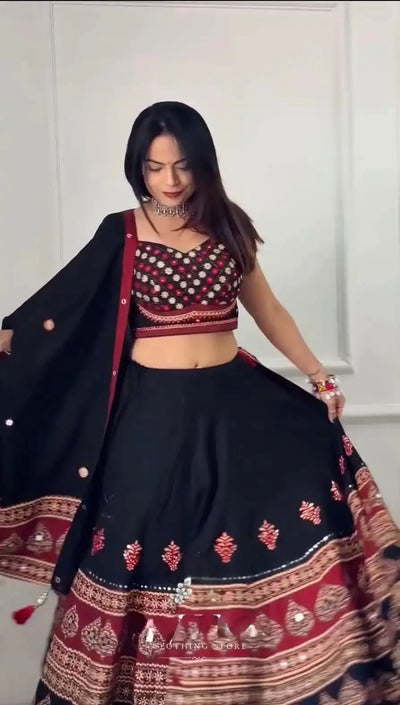 Designer Printed Rayon Lehenga Choli with Real Mirror Work for Navratri & Festive Wear