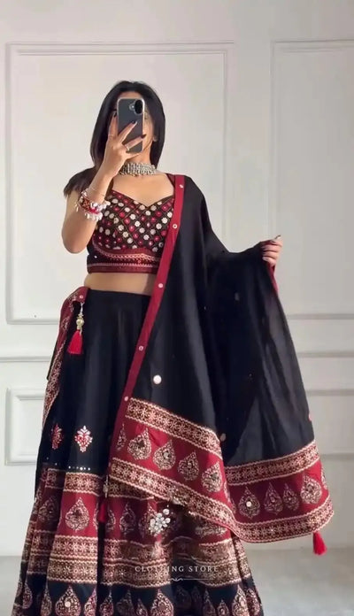 Designer Printed Rayon Lehenga Choli with Real Mirror Work for Navratri & Festive Wear