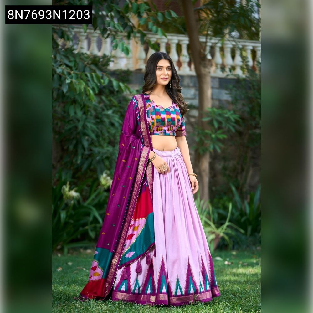 Woman in Lavender Multi Printed Tasar Silk Lehenga Choli with colorful blouse and purple dupatta by TRENDBUY