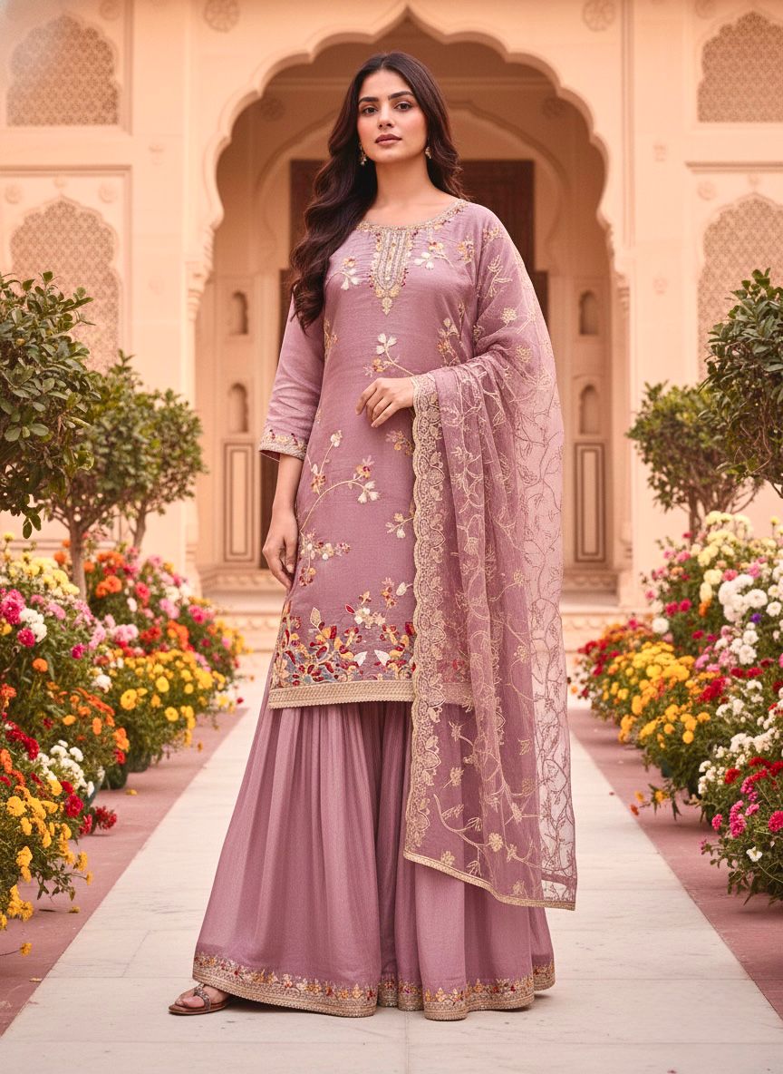 Woman modeling lavender embroidered Gmy Silk plazzo suit for festive wear