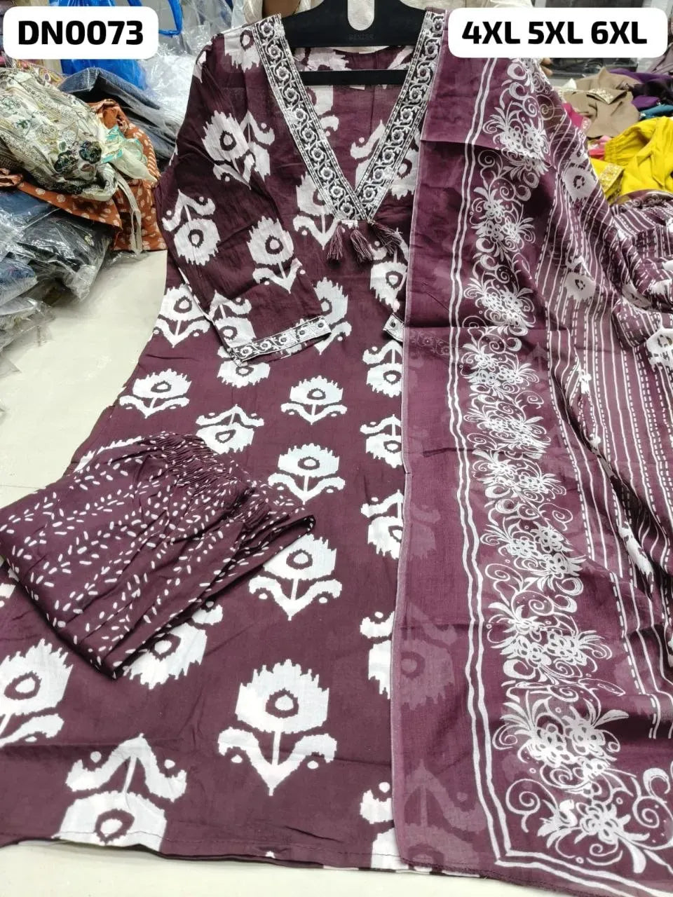 Maroon and white pure cotton 3 piece suit set with floral print