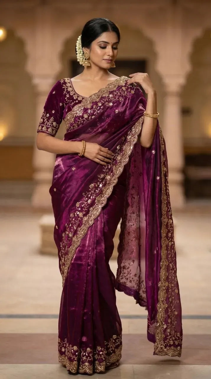 Model wearing deep purple space silk saree with heavy golden beads work