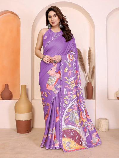Designer Purple Manipuri Kalamkari Saree - Mirror Work & Digital Print for Women