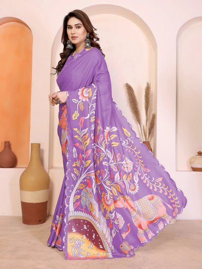 Designer Purple Manipuri Kalamkari Saree - Mirror Work & Digital Print for Women
