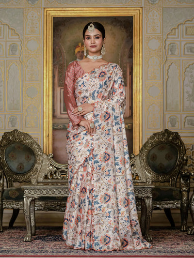 Designer Ready To Wear Saree - Festive Wear Chinnon Saree with Unstitched Blouse for Women