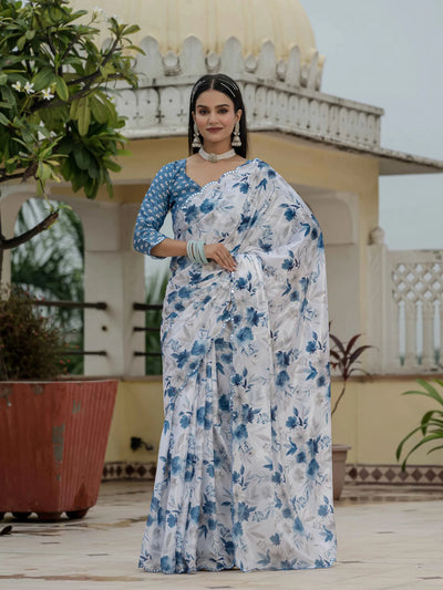 Designer Ready to Wear Saree - Premium Chinnon Print with Kutchi Mirror Lace for Festive Wear