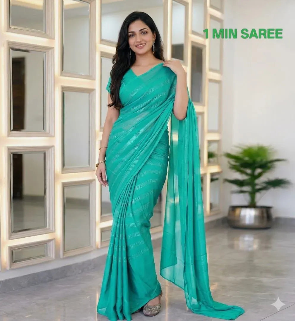 Teal blue soft nylon rimzim ready to wear saree on model