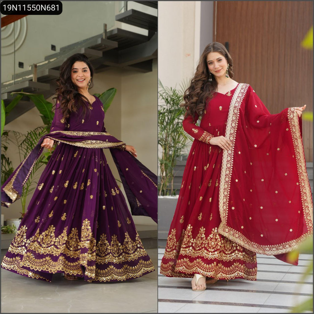 Two models showcasing purple and maroon embroidered designer gowns with dupattas.