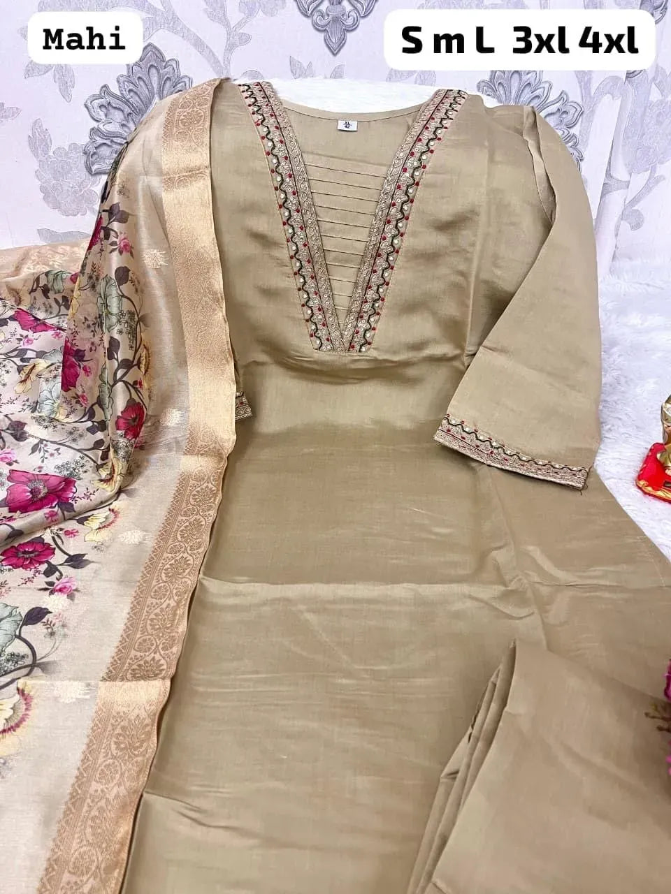 Beige roman silk kurti pant set with digital floral dupatta
