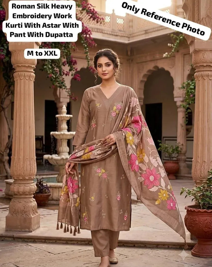Model wearing brown embroidered roman silk kurti set with dupatta outdoors