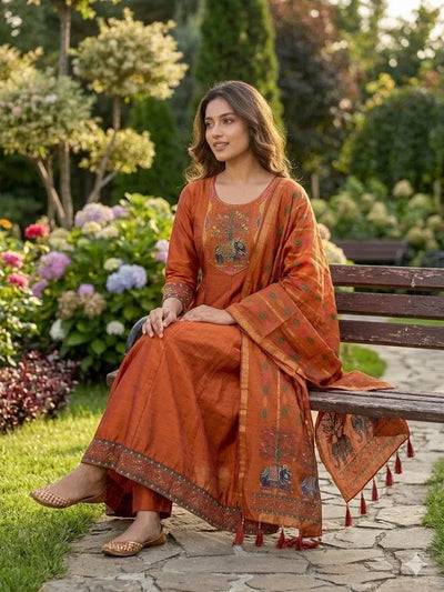 Designer Roman Silk Suit Set - Festive Wear Kurti with Chanderi Dupatta