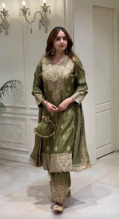 Designer Roman Silk Suit Set - Heavy Embroidery for Festive Wear